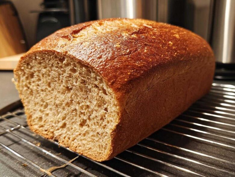 A freshly baked loaf of whole wheat bread, sliced to show the interior crumb, resting on a wire cooling rack.