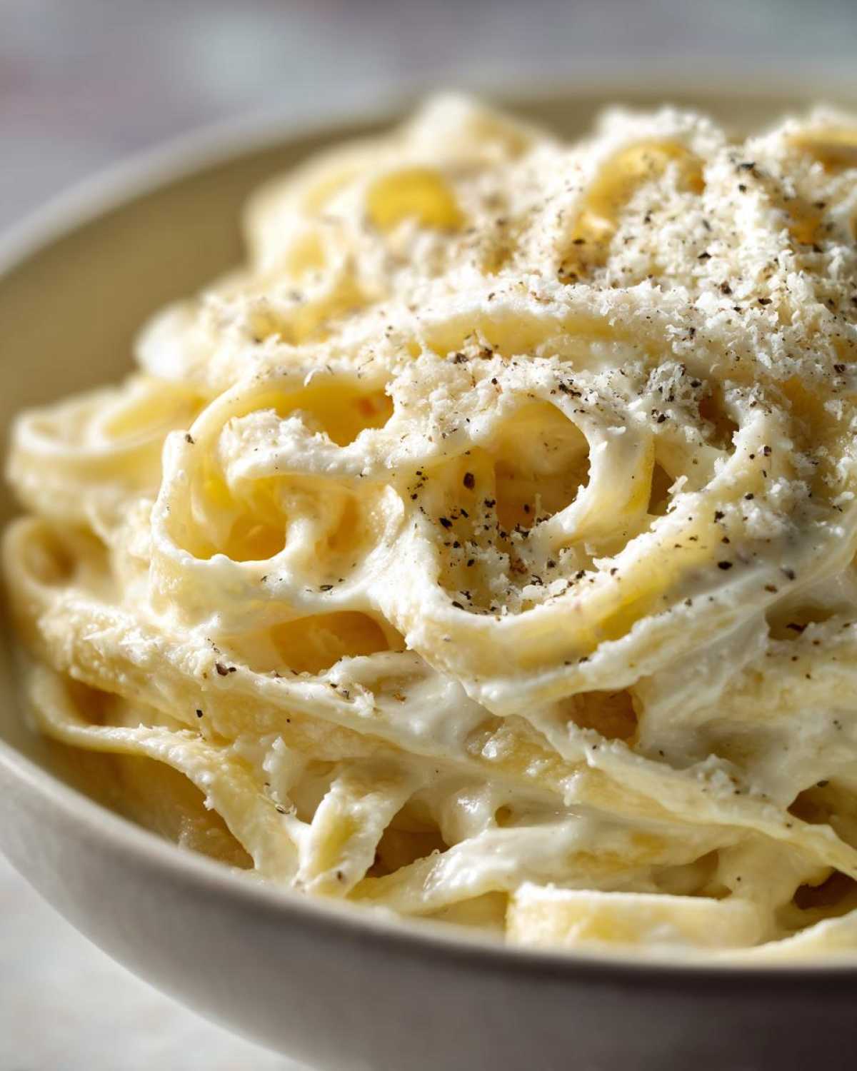 Close-up of fettuccine pasta coated in rich homemade alfredo sauce, topped with grated cheese and black pepper.