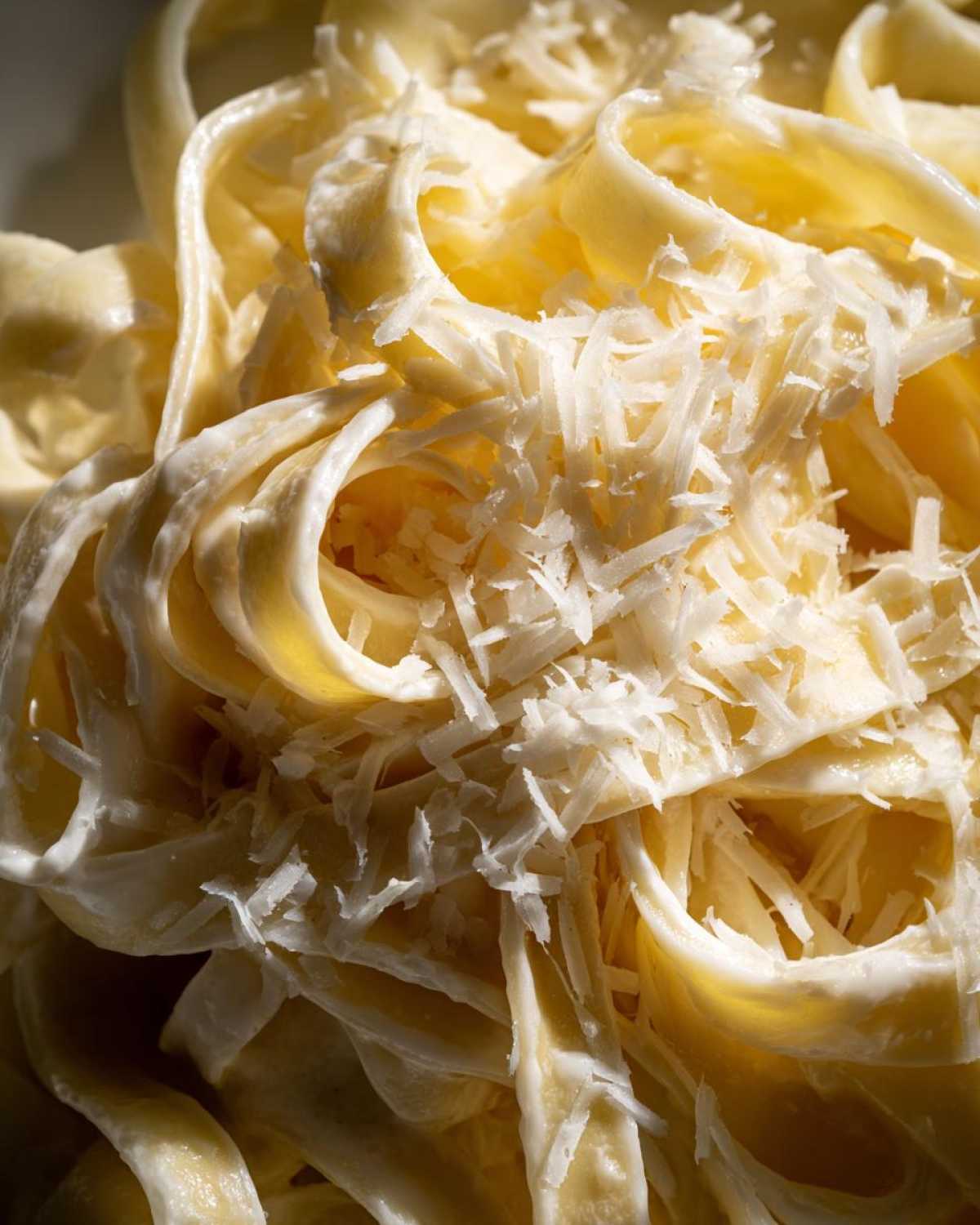 Close-up macro shot of fettuccine pasta coated in creamy homemade alfredo sauce and topped with grated Parmesan cheese.