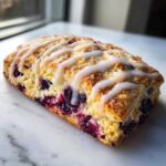 A close-up of a flaky, golden blueberry scone topped with white vanilla glaze.