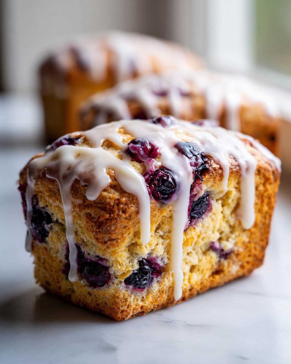 A close-up of a square blueberry scone topped with thick white glaze, showing visible blueberries inside.