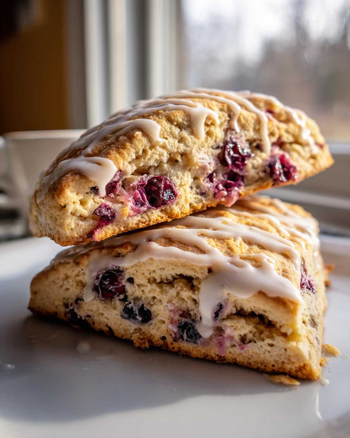 Two halves of flaky blueberry scones stacked, drizzled with white vanilla glaze, showing interior blueberries.