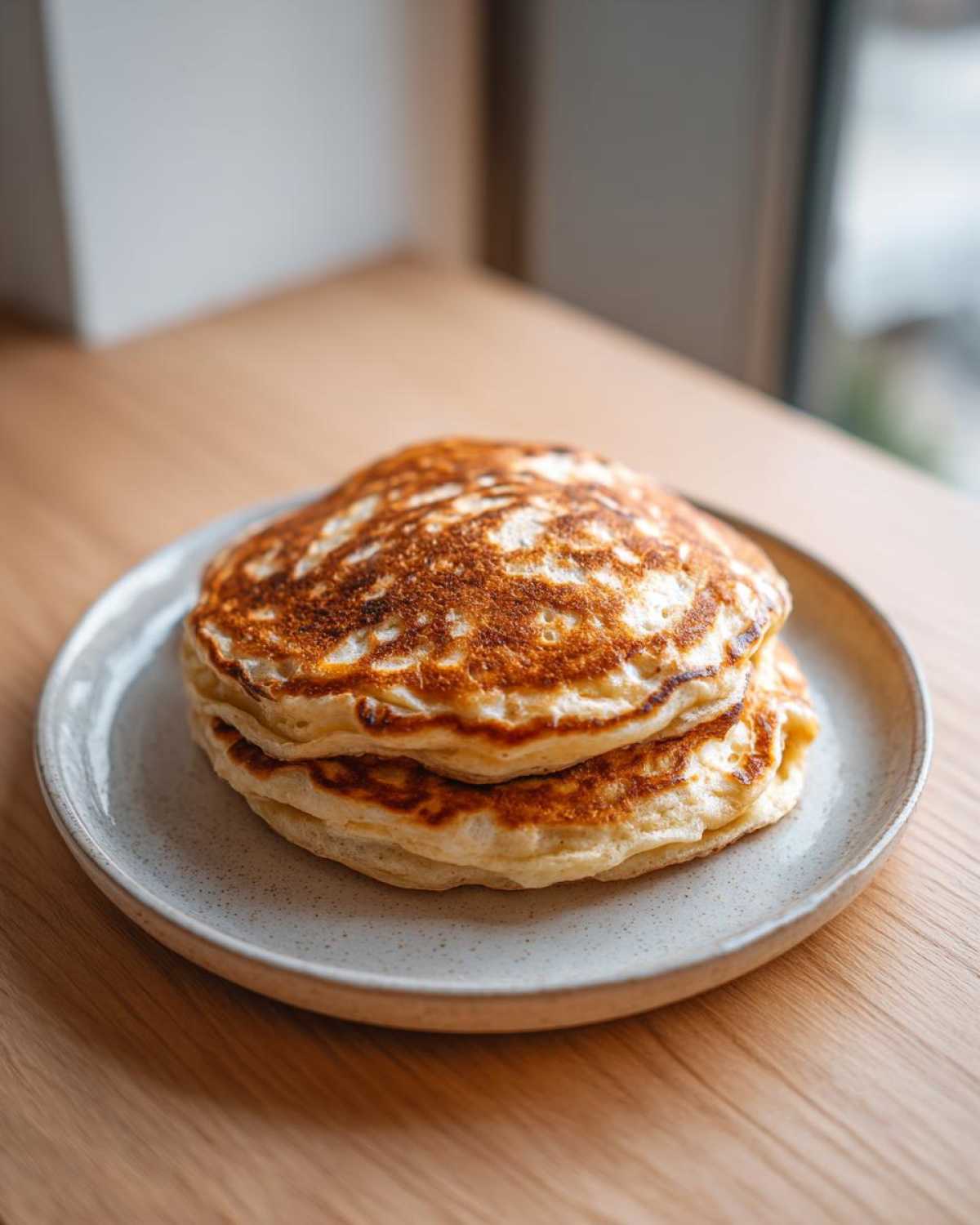 A stack of three golden-brown almond flour pancakes served on a speckled ceramic plate.