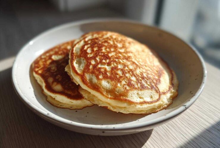 Two golden brown almond flour pancakes stacked on a speckled white plate, bathed in sunlight.