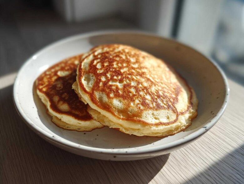 Two golden brown almond flour pancakes stacked on a speckled white plate, bathed in sunlight.