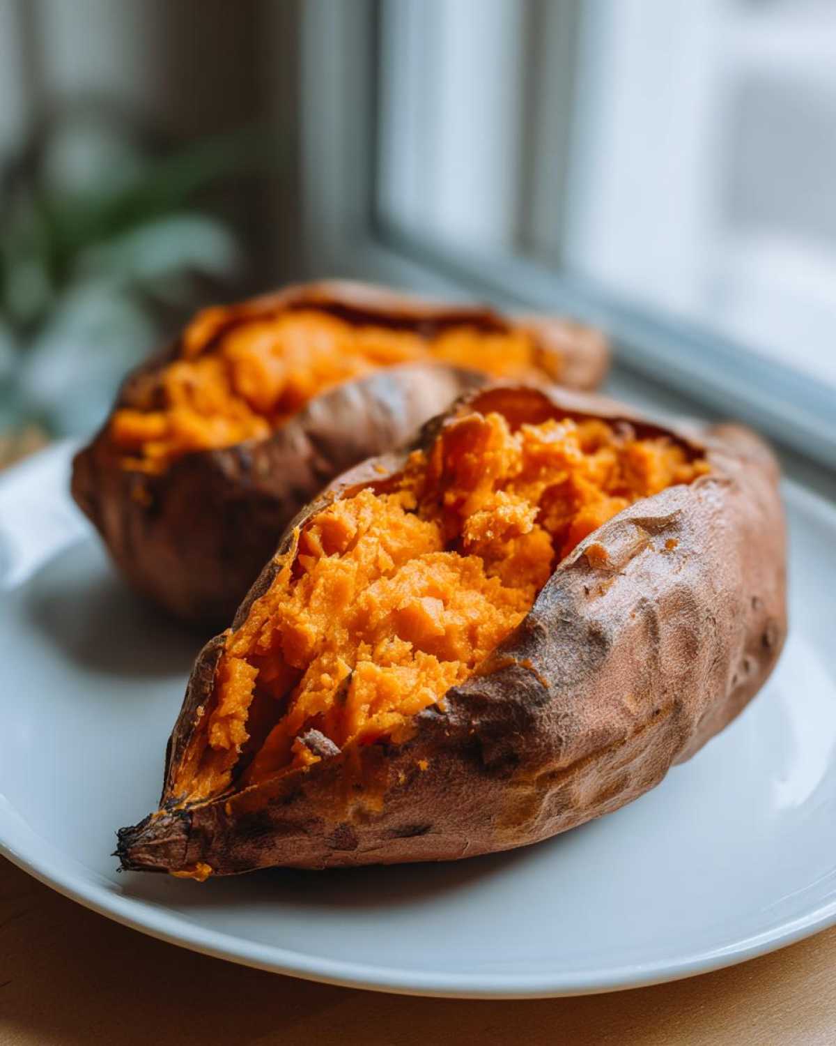 Two fluffy baked sweet potatoes split open, showing bright orange flesh, ready to eat.