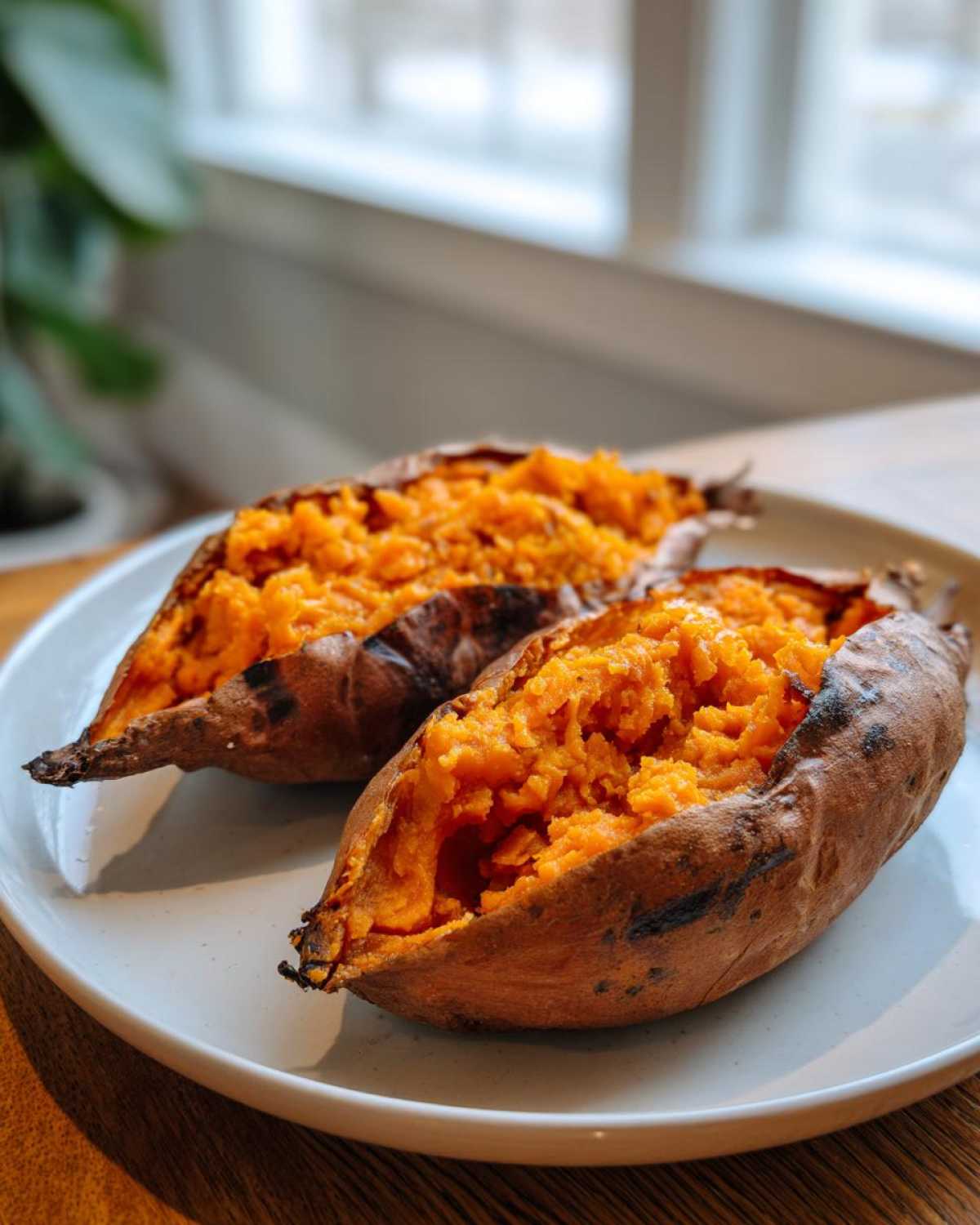 Two halves of perfectly baked sweet potatoes, showing the fluffy orange interior, served on a light plate.