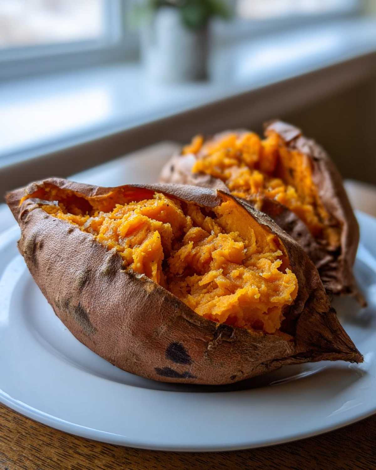 Two perfectly baked sweet potatoes split open, showing fluffy orange insides on a white plate.