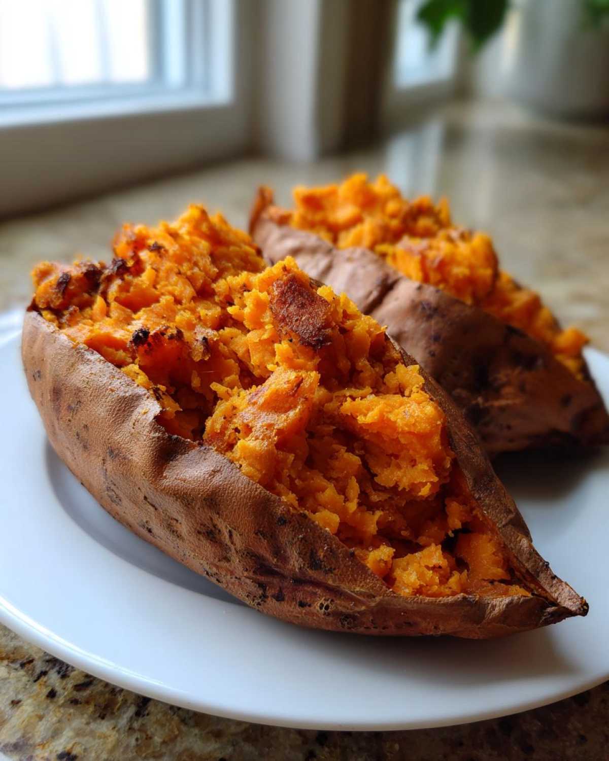 Two perfectly baked sweet potatoes, split open to show the fluffy, bright orange interior.