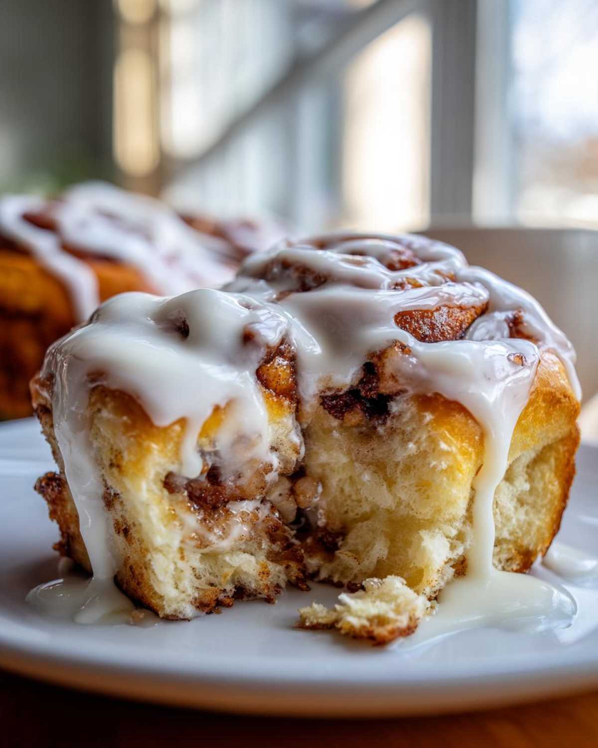 Close-up of a soft, fluffy cinnamon roll broken open, heavily drizzled with white cream cheese frosting.