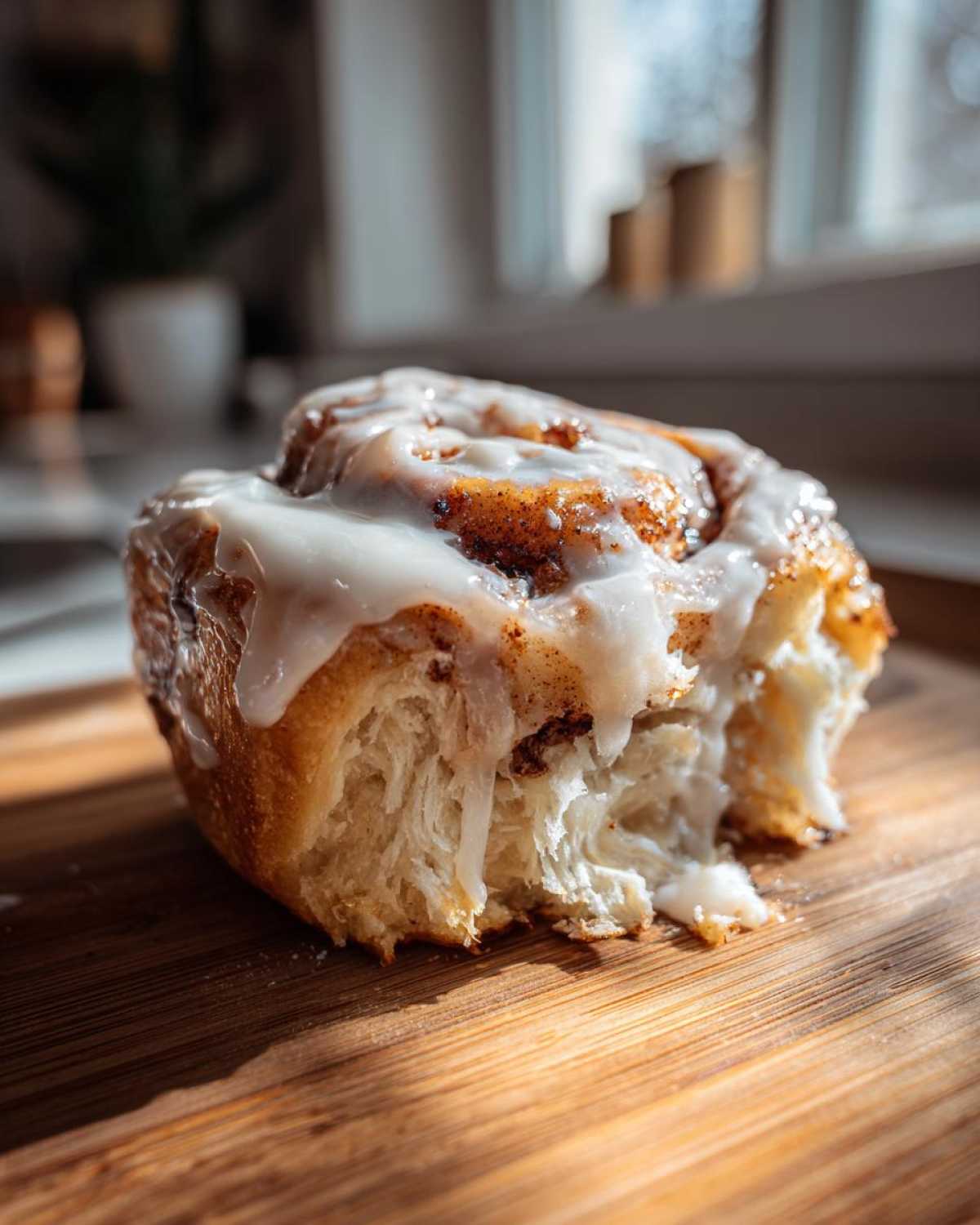 A close-up shot of a fluffy cinnamon roll with thick white icing, showing the soft interior texture.