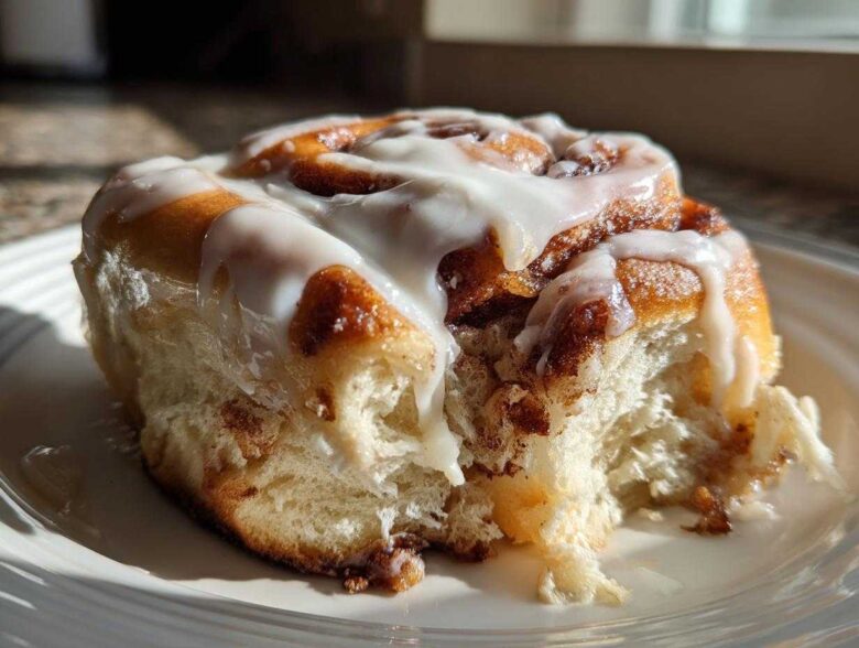 A close-up shot of a fluffy, freshly baked cinnamon roll covered in white icing, with a bite taken out.