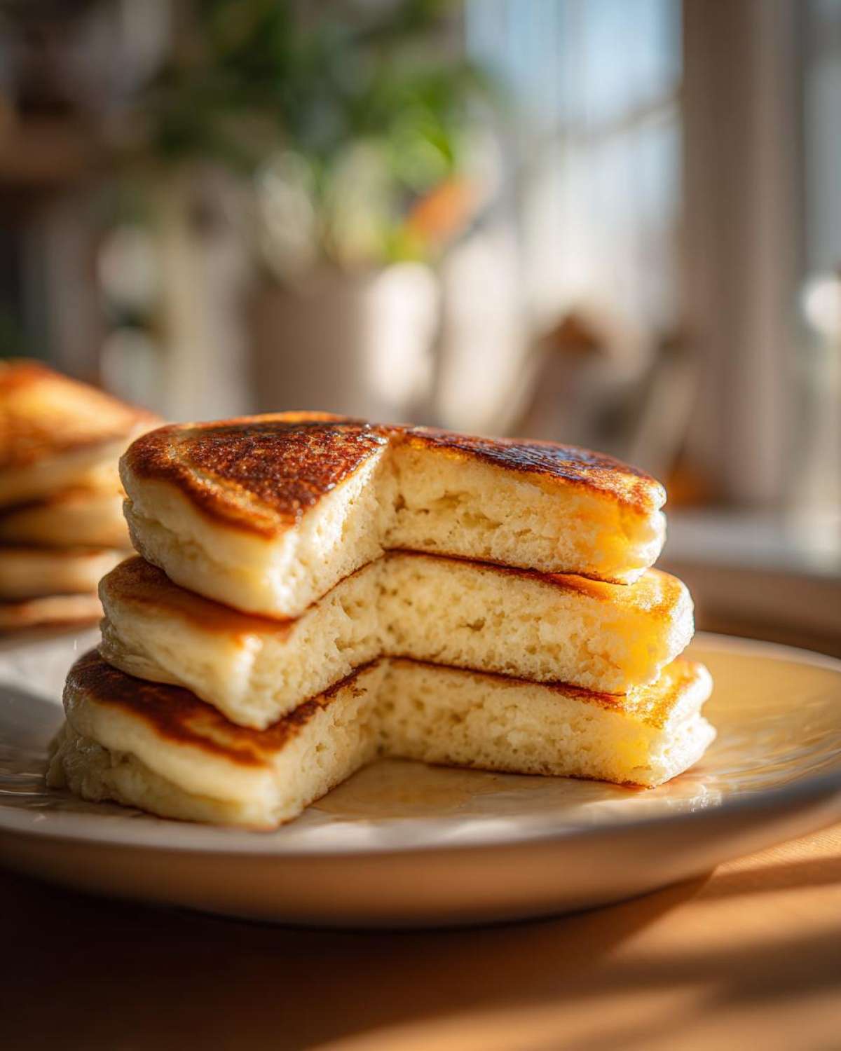 Close-up of fluffy greek yogurt pancakes stack, showing the airy interior texture.
