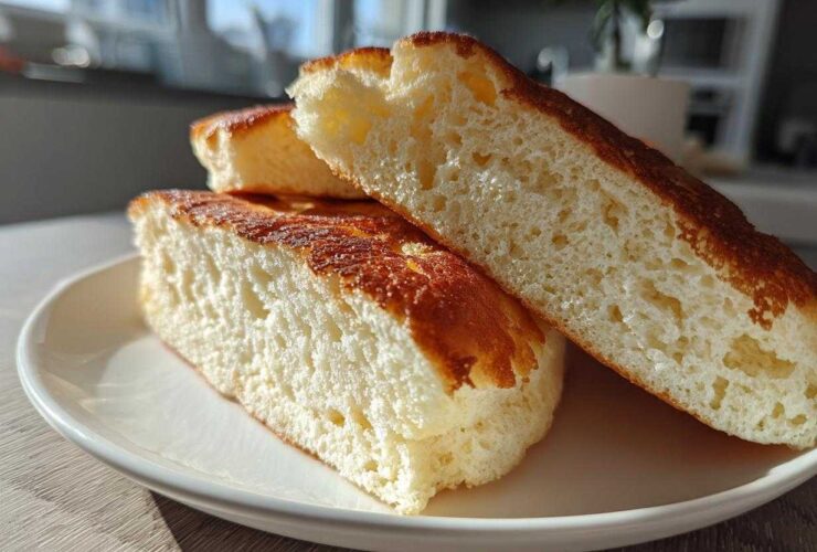 Close-up of the fluffy, airy interior texture of cut Greek yogurt pancakes.
