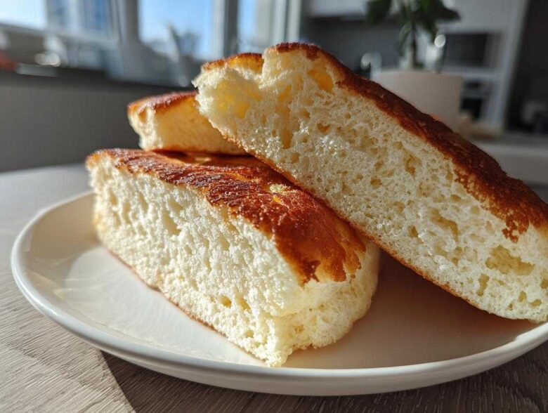Close-up of the fluffy, airy interior texture of cut Greek yogurt pancakes.
