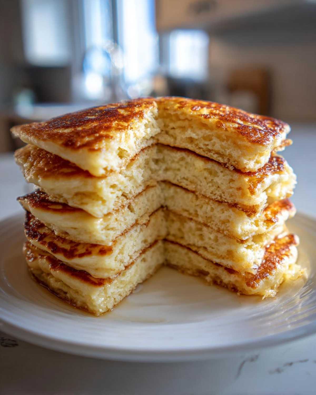 Close-up of a tall stack of fluffy greek yogurt pancakes with a slice removed, showing the airy interior.
