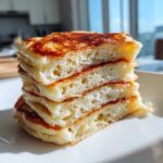 Close-up of a stack of four fluffy greek yogurt pancakes cut in half, showing the airy interior texture.
