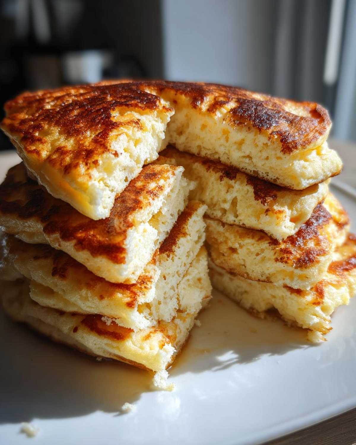 Close-up of a stack of fluffy greek yogurt pancakes cut into pieces, showing the light interior texture.