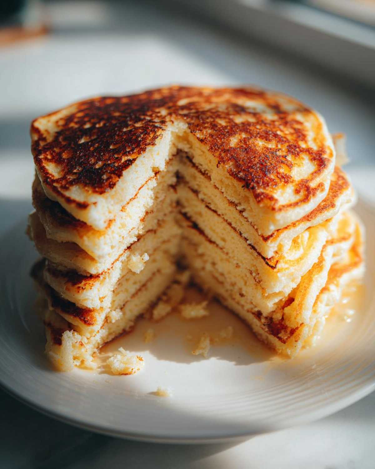 Close-up of a tall stack of fluffy greek yogurt pancakes with a wedge cut out, showing the airy interior.