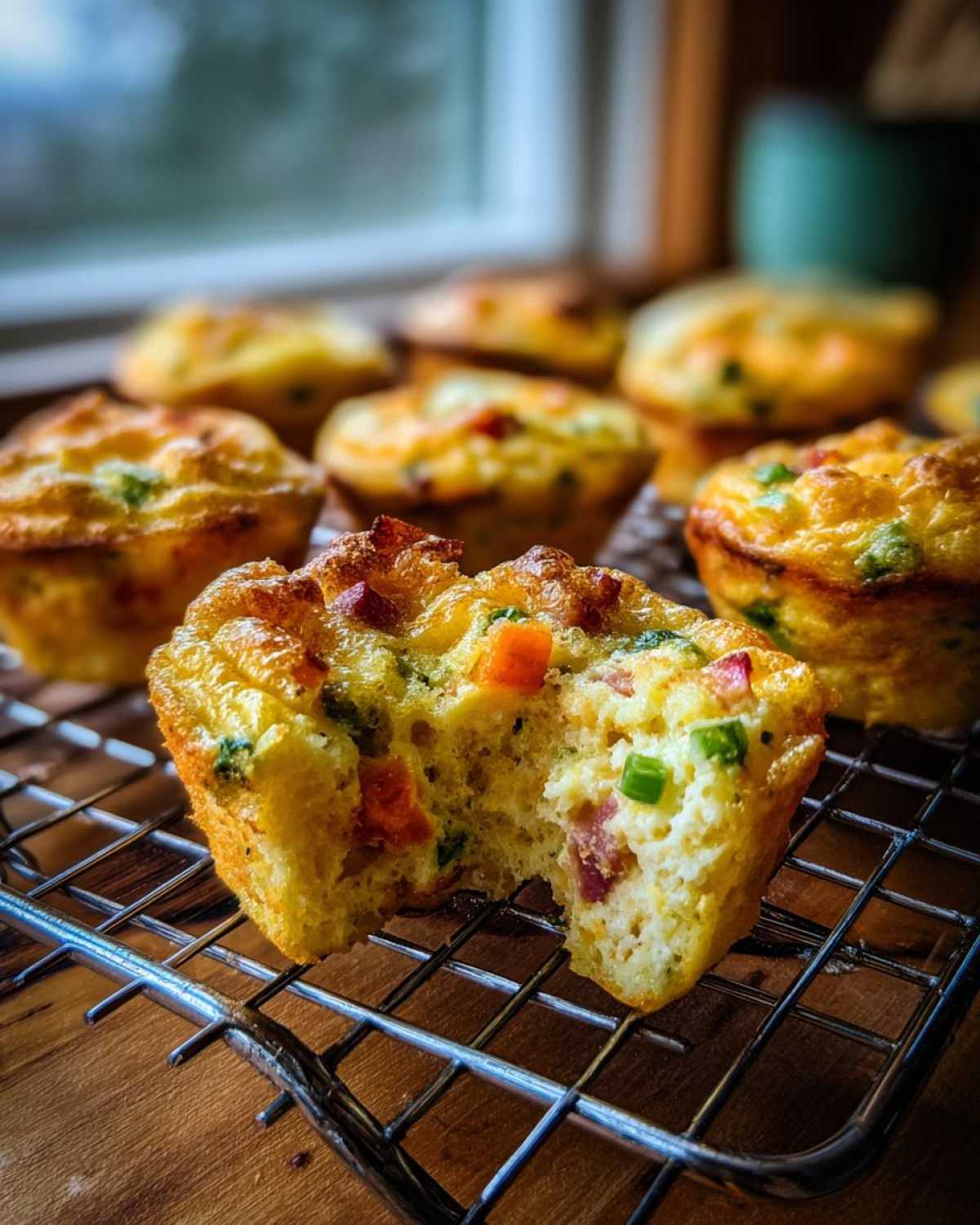 Close-up of a fluffy muffin tin egg bite with a bite taken out, revealing ham and vegetables, resting on a cooling rack.