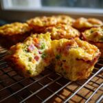 Close-up of fluffy muffin tin egg bites, one split open revealing ham, carrots, and green peppers inside.