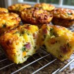 One of the fluffy muffin tin egg bites is cut in half, showing ham and green vegetables inside, resting on a cooling rack.