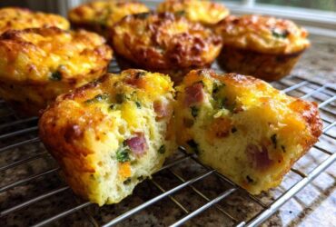 One of the fluffy muffin tin egg bites is cut in half, showing ham and green vegetables inside, resting on a cooling rack.