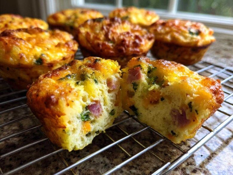 One of the fluffy muffin tin egg bites is cut in half, showing ham and green vegetables inside, resting on a cooling rack.