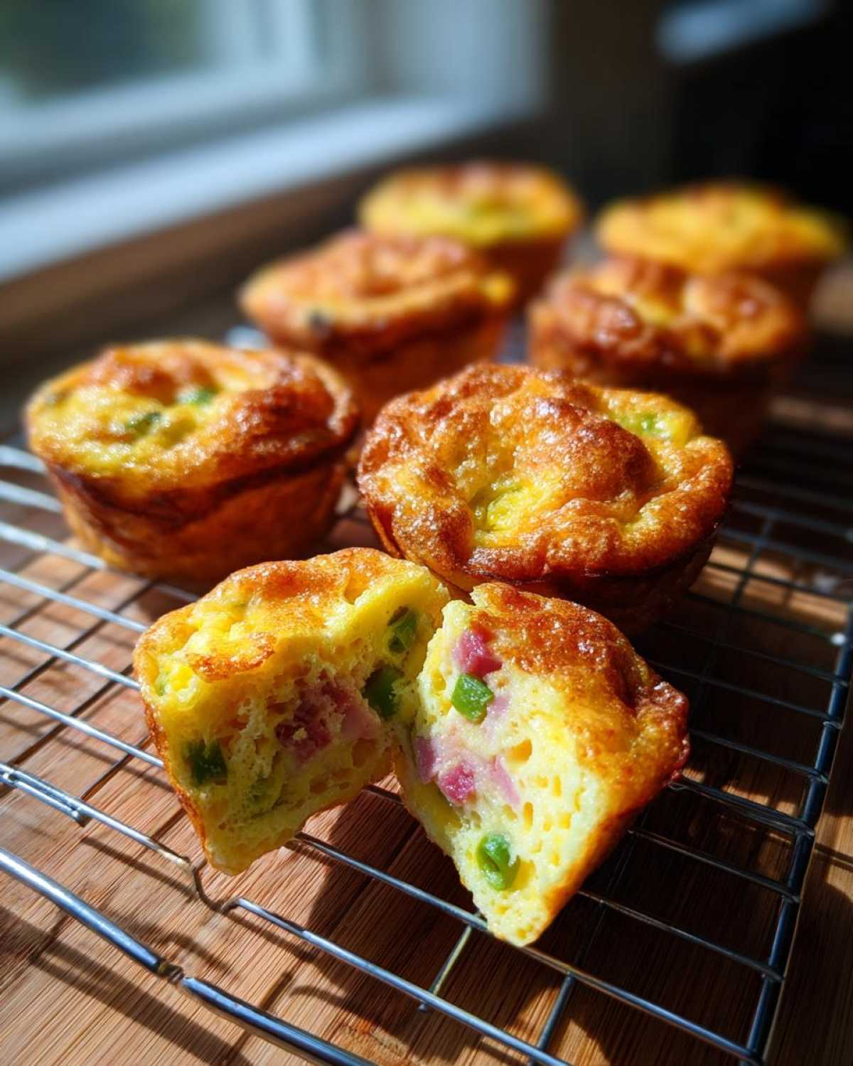 One of the muffin tin egg bites is cut in half, showing ham and green peas inside the fluffy egg mixture.