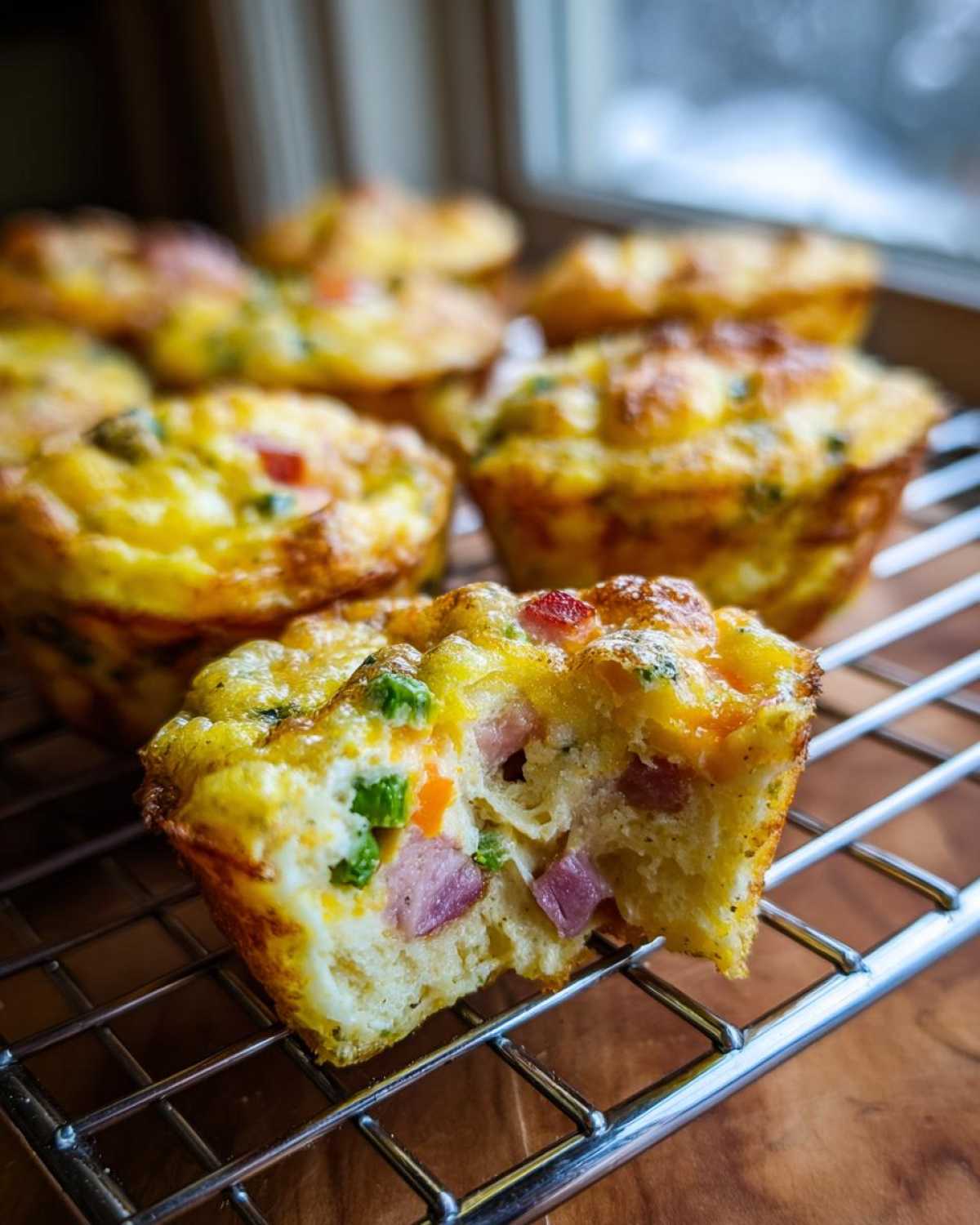 A close-up of a fluffy muffin tin egg bite, showing ham and vegetables inside, resting on a cooling rack.