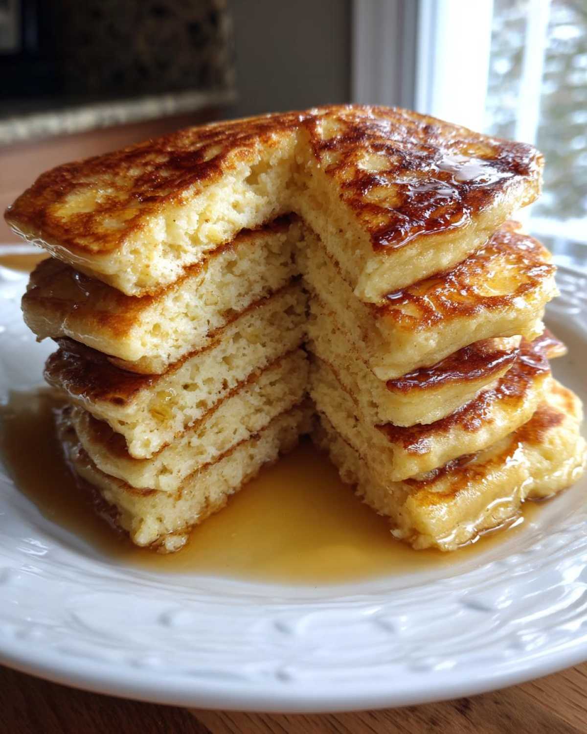 A stack of incredibly fluffy pancakes cut to show the airy interior, drizzled generously with syrup.
