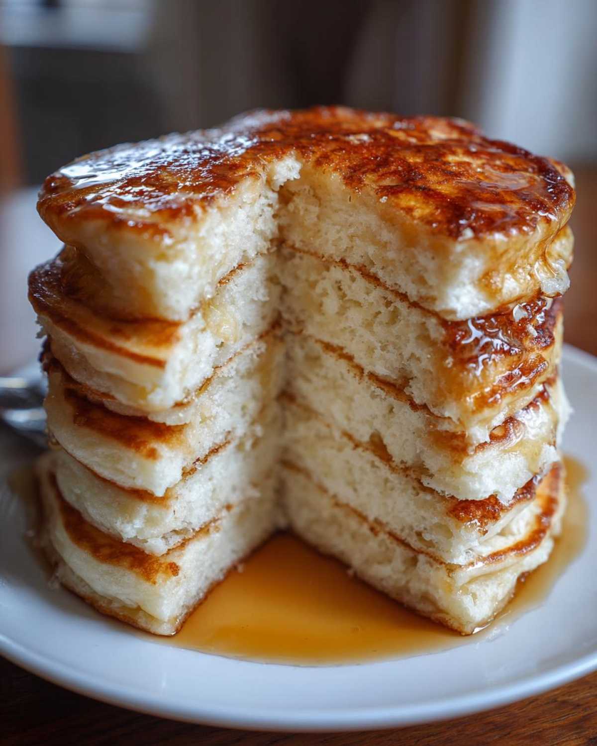 A tall stack of fluffy pancakes with a slice cut out, showing the airy interior and drizzled with syrup.