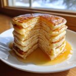 A tall stack of incredibly fluffy pancakes cut in half, showing the airy interior, drenched in maple syrup.