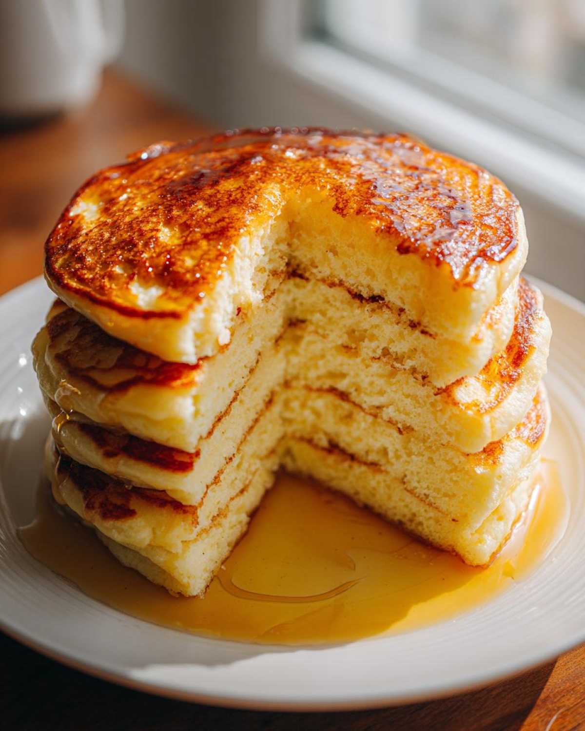A tall stack of incredibly fluffy pancakes with a slice removed to show the airy interior, drizzled with syrup.