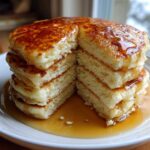 A tall stack of incredibly fluffy pancakes cut in half, drizzled generously with maple syrup.