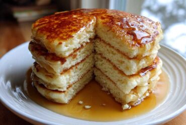 A tall stack of incredibly fluffy pancakes cut in half, drizzled generously with maple syrup.