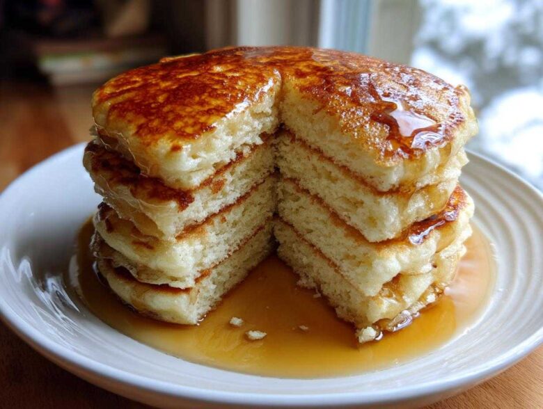 A tall stack of incredibly fluffy pancakes cut in half, drizzled generously with maple syrup.