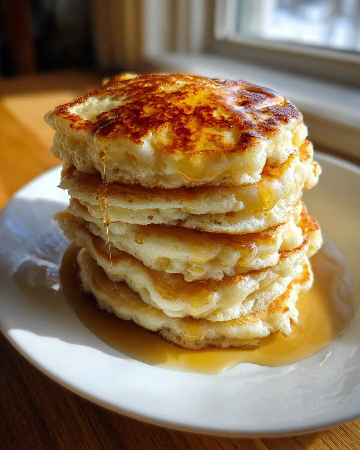 A tall stack of five fluffy pancakes drizzled generously with maple syrup on a white plate.