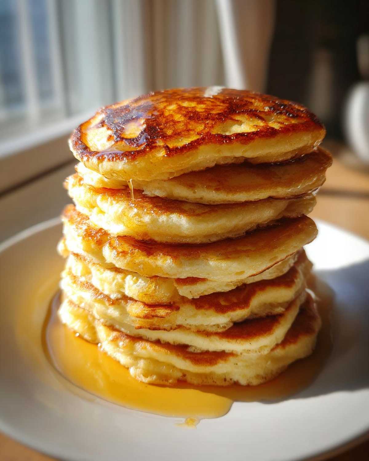 A tall stack of golden brown sourdough pancakes drizzled generously with syrup on a white plate.