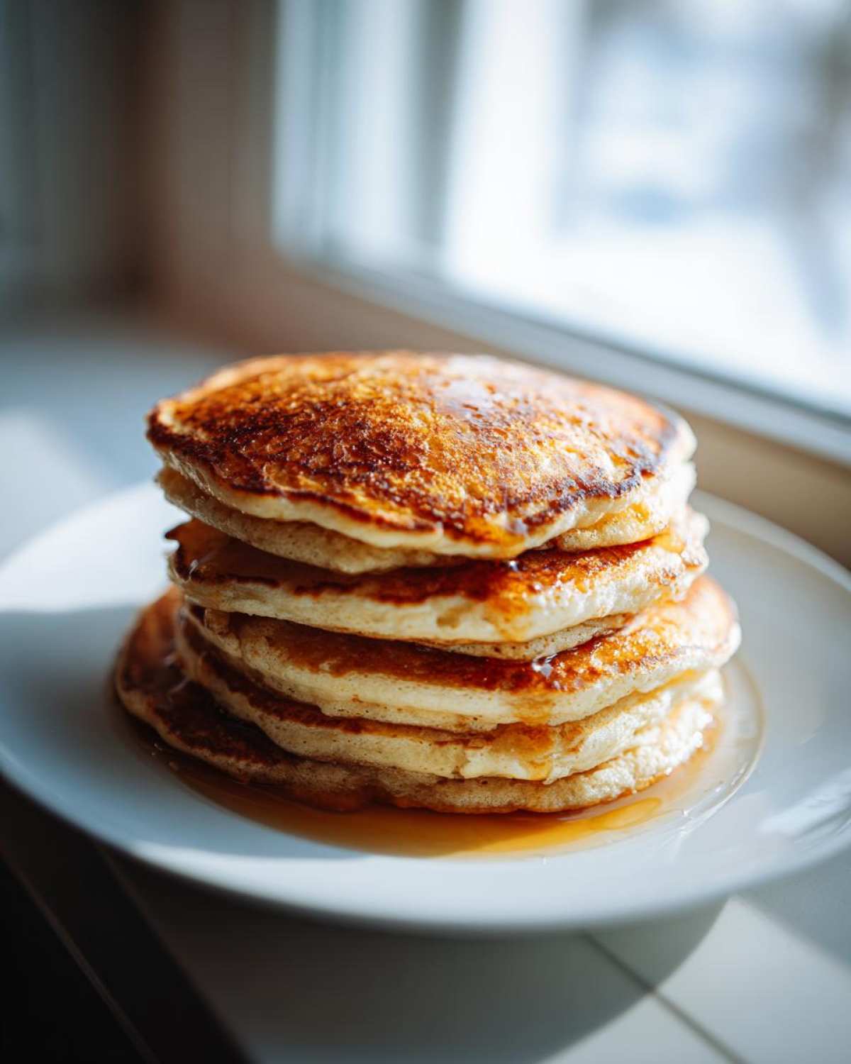 A tall stack of fluffy sourdough pancakes drizzled with syrup, sitting on a white plate near a bright window.