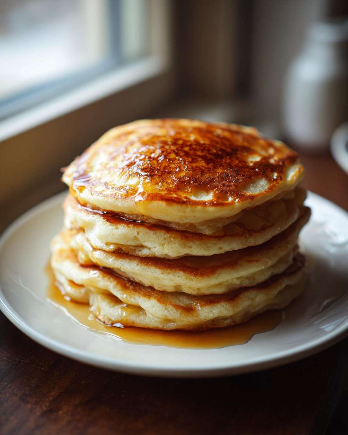 A tall stack of fluffy sourdough pancakes drizzled generously with maple syrup on a white plate.