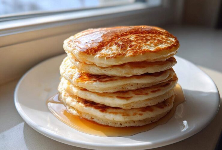 A tall stack of fluffy sourdough pancakes drizzled generously with golden syrup, sitting on a white plate.