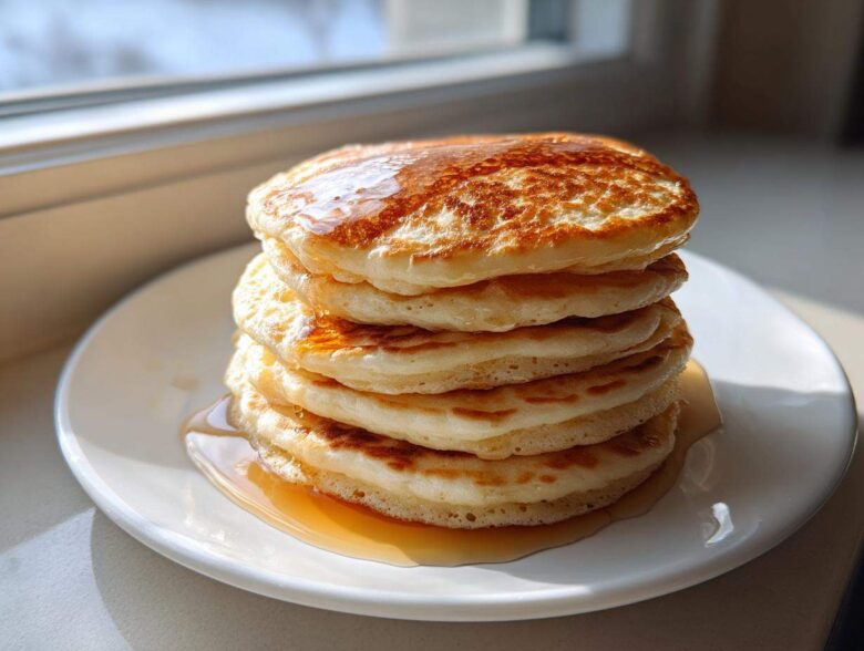 A tall stack of fluffy sourdough pancakes drizzled generously with golden syrup, sitting on a white plate.