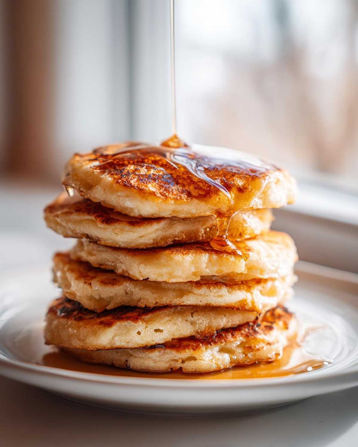 A tall stack of five fluffy sourdough pancakes being drizzled with golden syrup.
