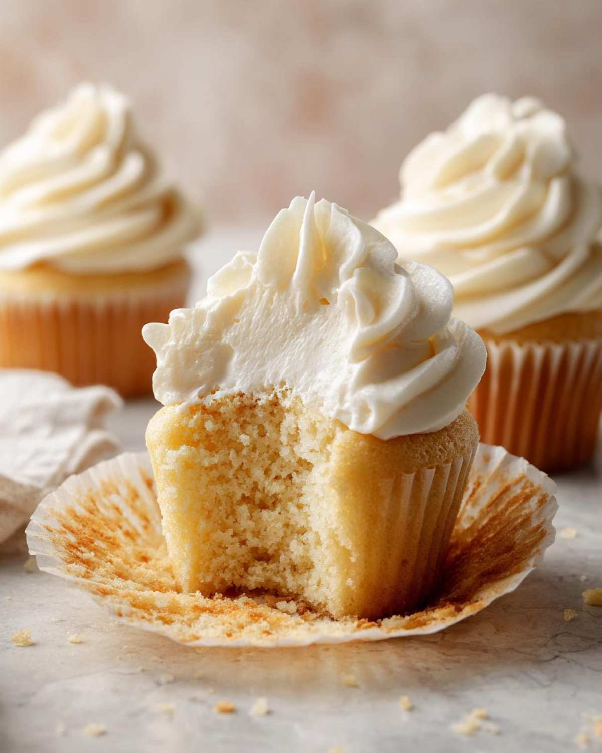 Close-up of a fluffy vanilla cupcake with a bite taken out, showing the moist crumb and rich frosting.