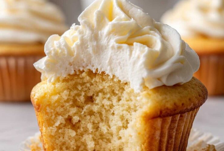 Close-up of a fluffy vanilla cupcake with a bite taken out, showing the moist crumb and rich white frosting.
