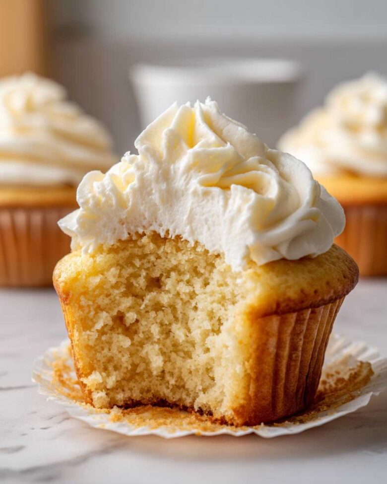 Close-up of a fluffy vanilla cupcake with a bite taken out, showing the moist crumb and rich white frosting.