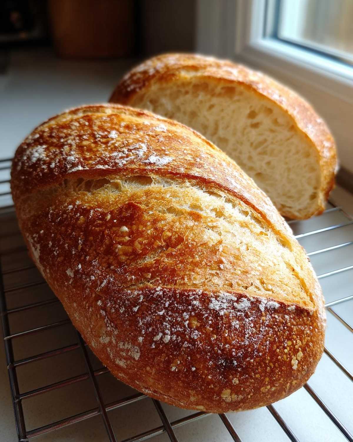 Two loaves of golden brown French bread cooling on a wire rack, one sliced to show the airy interior.