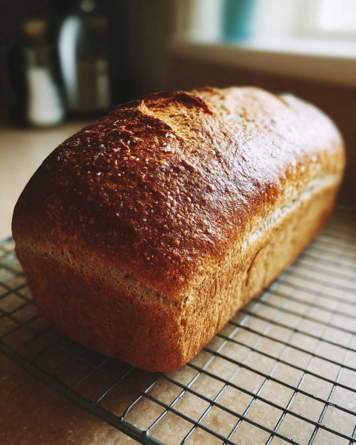 A golden-brown, freshly baked loaf of whole wheat bread resting on a wire cooling rack.