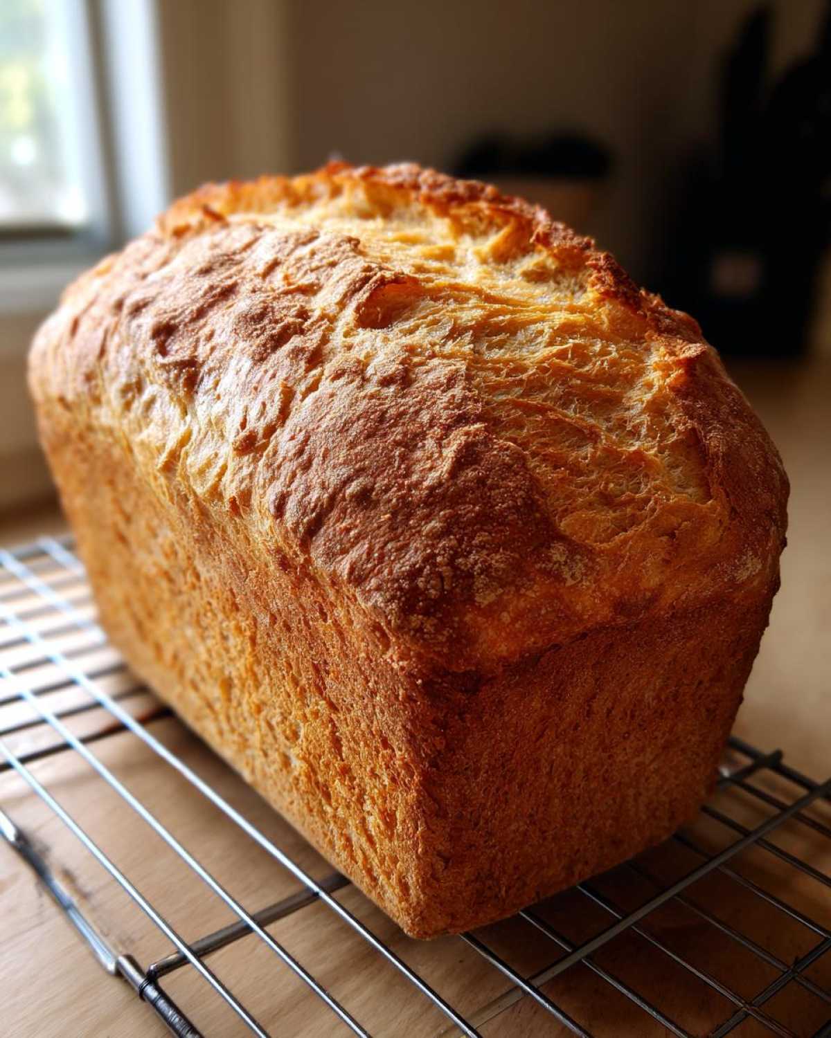 A golden-brown, freshly baked loaf of whole wheat bread cooling on a wire rack.